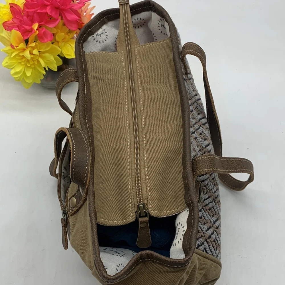 Myra Bag Brown Criss Cross Pattern Shoulder Bag Tote - Picture 6 of 15